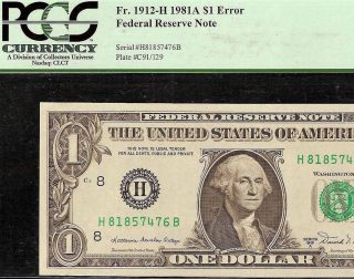 Gem 1981 A $1 Dollar Bill 129 Back Plate Error Fed Res Note Currency Pcgs 65 Ppq photo