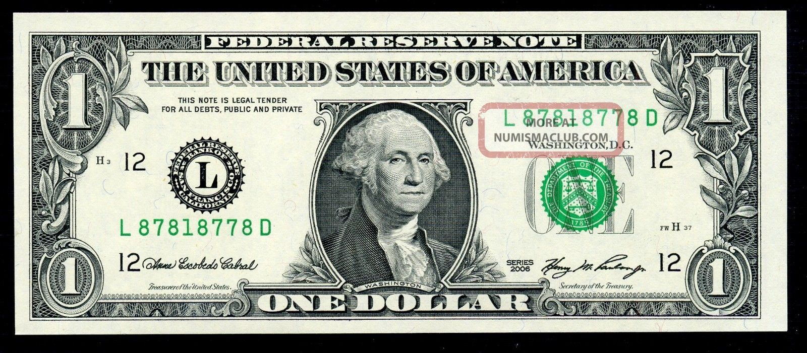 2006 $1 Federal Reserve Note Fancy Serial Number Uncirculated L 87818778 D