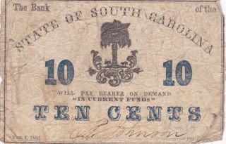 1863 Ten Cents State Of South Carolina Civil War Era Currency Circulated photo