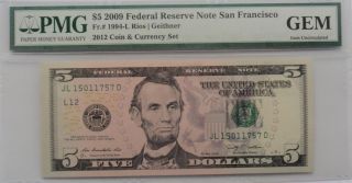 2009 $5 Federal Reserve Bank Of San Francisco California Pmg Gem Uncirculated photo