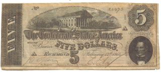 Confederate $5.  00 Richmond Note - Hand Signed - Dated February 17,  1864 Authentic photo