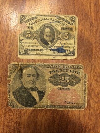 Civil War Era Fractional Currency.  Twenty Five Cents And 5 Cent. photo