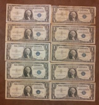 (5) 1935,  (5) 1957 $1 Dollar Bill,  Silver Certificates,  Old Paper Money,  Us Currency photo