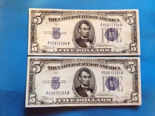 2 - 1934c $5 Silver Certificate - Two Consecutive Serial Numbers Uncirculated photo