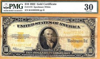 1922 $10 Gold Certificate Fr.  1173 Pmg 30 Very Fine photo
