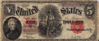 United States 1907 $5 Legal Tender Note Wood Chopper Red Seal photo