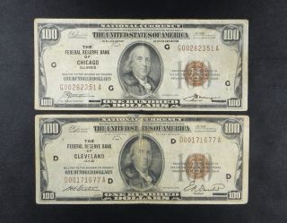 (2) $100 National Currency - - Chicago & Cleveland 1929 photo