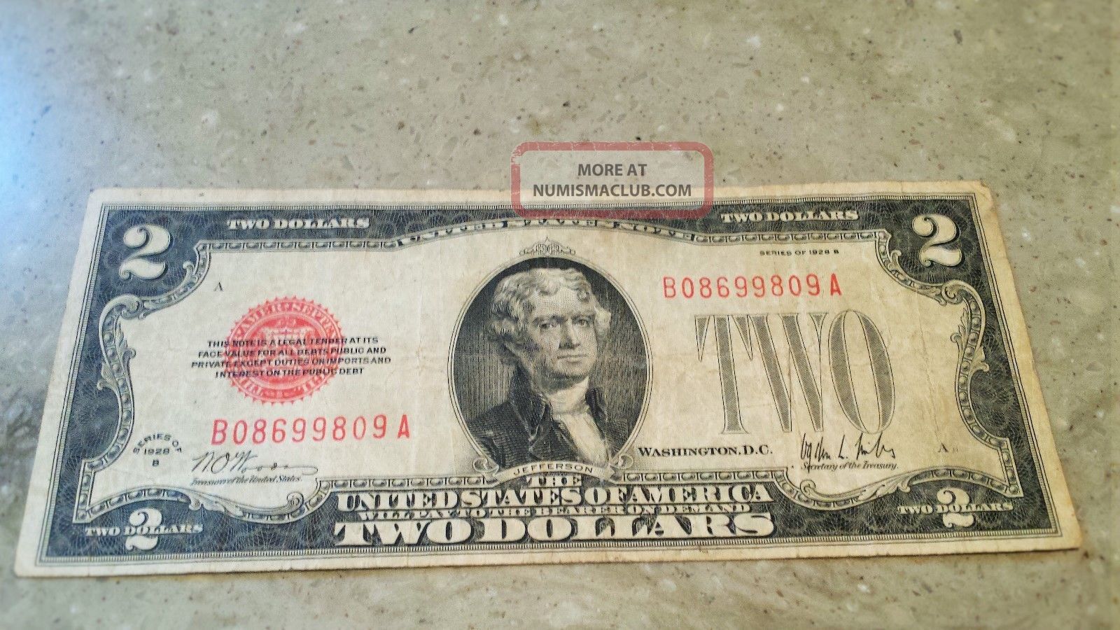 1928 B Red Seal $2 Dollar Bill