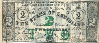 The State Of Louisiana Usa $2 1862 $10,  ' $20 Printed On Back Ef photo