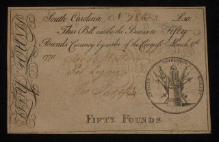 Us Sc Colonial Currency - 50 Pounds - Mar 6,  1776 Very Rare (cc - 122) photo