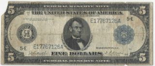 Usa $5.  00 1914 Lincoln Blue Seal Frn Vg,  Burke - Houston Fr - 836 photo
