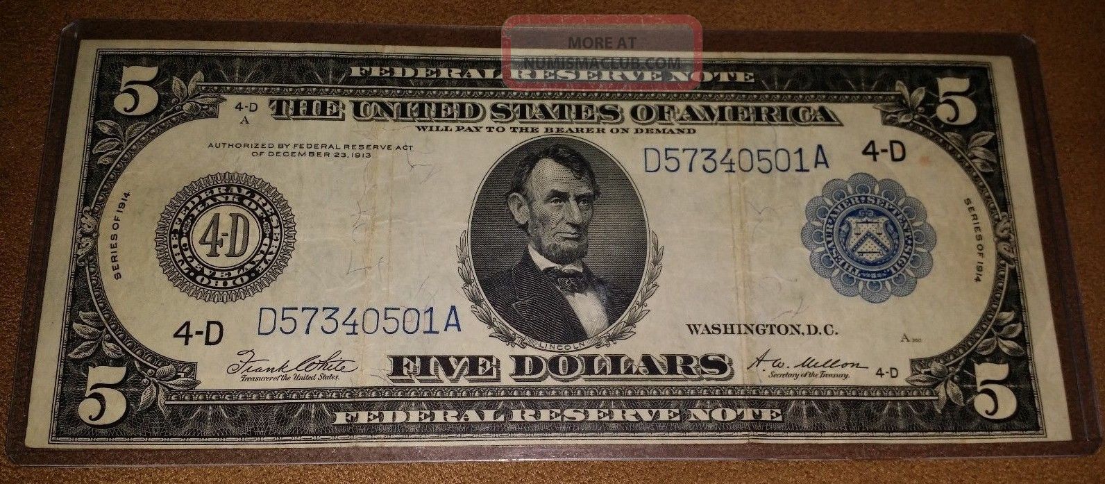 1914 Large Size Federal Reserve $5 Note D4 Cleveland D57340501a White/mellon Large Size Notes photo