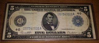 1914 Large Size Federal Reserve $5 Note D4 Cleveland D57340501a White/mellon photo