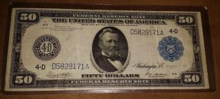 1914 Large Size Federal Reserve $50 Note D4 Cleveland D5829171a White/mellon photo