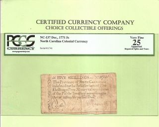 December 1771 Five Shillings North Carolina Colonial Currency Pcgs Very Fine 25 photo