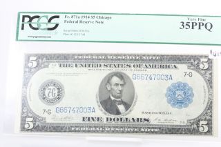 Fr.  871a 1914 $5 Large Size Federal Reserve Note Chicago Pcgs Vf 35 Ppq photo