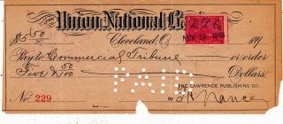 1898 Union National Bank Cleveland,  Ohio,  1898 With Revenue Stamp photo