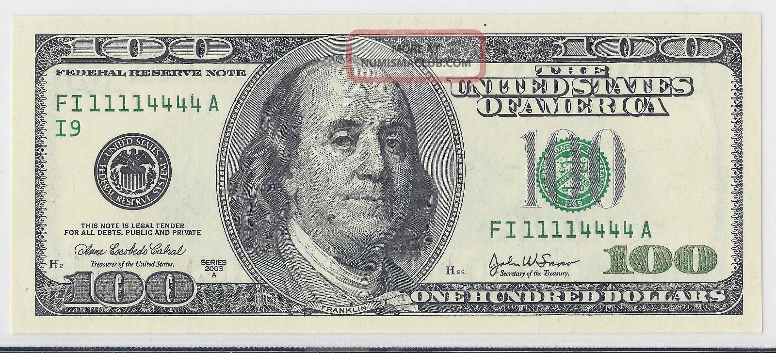 Series Of 2003 - A $100 Federal Reserve Note Note. F2179i/unique Serial