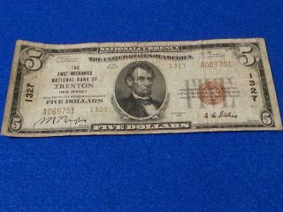 $5 Trenton Jersey Mechanics National Bank 1929 1327 National Currency photo
