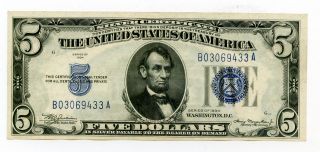 1934 U.  S.  $5 Dollar Blue Seal Silver Certificate Note 37455 photo