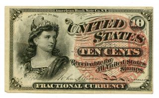 1863 U.  S.  10c Cent Fourth Issue Fractional Currency Note 37688 photo