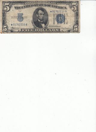 Five Dollar ($5) Silver Certificate Blue Star 01762210a Julian Morgenthau 1934 photo