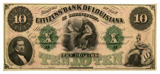1860 ' S Citizens ' Bank Of Louisiana Shreve Port Obsolete $10 Currency Note 38070 photo