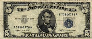 1953 - B $5.  00 United States Silver Certificate Fr 1657 F77806776a Vf photo