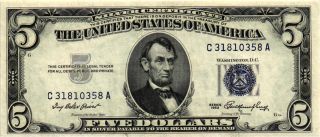 1953 $5.  00 United States Silver Certificate Fr 1655 C31810358a Xf/au photo