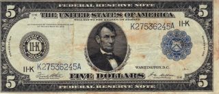 United States Series Of 1914 $5 Federal Reserve Large Note Silver Certificate photo