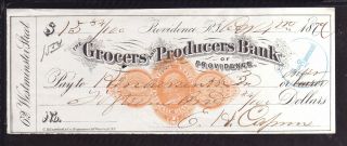 1879 - The Grocers And Producers Bank (black Check) - Providence,  R.  I. photo