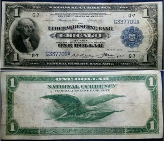 1918 $1 Vf Fr.  727 National Currency Large Size Chicago Federal Reserve Bank Note photo