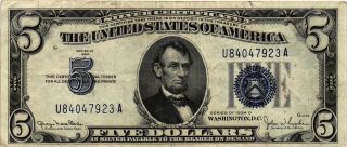 1934 - D $5.  00 United States Silver Certificate Fr 1654 U84047923a Xf photo