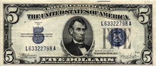 1934 - C $5.  00 United States Silver Certificate Fr 1653 L63322798a Xf photo