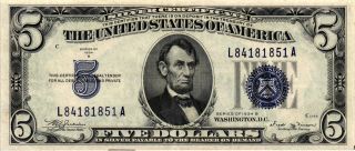 1934 - B $5.  00 United States Silver Certificate Fr 1652 L84181851a Xf/au photo