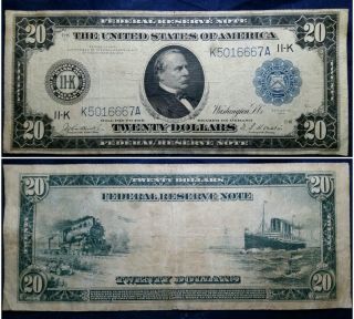1914 $20 Dallas Texas Fr.  - 886 Frn Federal Reserve Note 11 - K Large Size Currency photo
