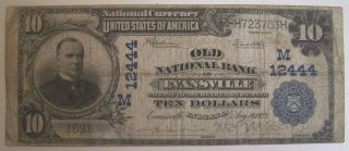 Rare 1923 Old National Bank Of Evansville Ten Dollar ($10) Banknote,  Large Size photo
