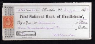 1872 First National Bank Of Brattleboro - C/w Revenue Stamp photo