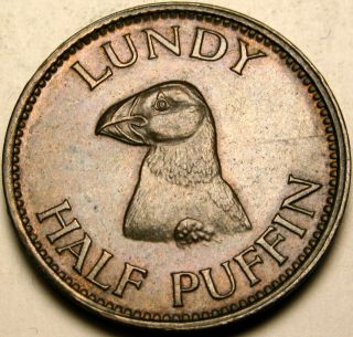 Lundy Island 1/2 Puffin 1929 - Bronze - Martin Coles Harman - Xf/aunc - 2766 photo