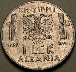 Albania (italian Occ. ) 1 Lek 1939 - Stainless Steel - Vittorio Emanuele Iii.  - 2794 photo