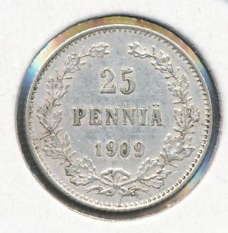 Finland Russia Silver Coin 25 Pennia 1909 Nikolai Ii photo