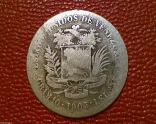 1903 Venezuela 2 Bolivares Silver Coin Dd01 photo