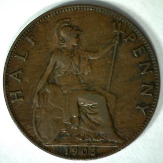 1905 Bronze Half Pence Uk Half Penny Britain Coin Yg photo