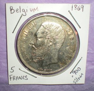 Belgium,  5 Francs Silver Coin Dated: 1869.  90 Silver photo