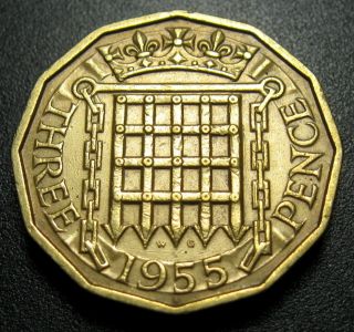 Great Britain 3 Pence Coin 1955 Km 900 Crowned Portcullis photo