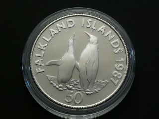 Falkland Islands,  1987,  50 Pence Sterling Silver Wwf Penguin Coin 2259 photo