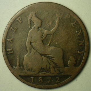 1872 Bronze Half Pence Uk Half Penny Britain Coin Yg photo
