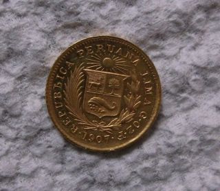 Republica Peruana Lima Gozf 1907 1/5 De Libra Peru 22kt Gold Coin Item 661s photo