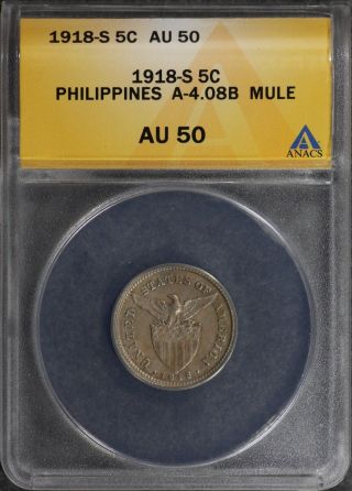 1918 - S Mule Us - Philippines 5 Centavos Anacs Au50 (allen - 4.  08b) photo