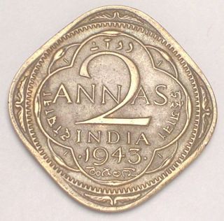 1943 India Indian 2 Annas Wwii Era Square Coin Vf, photo